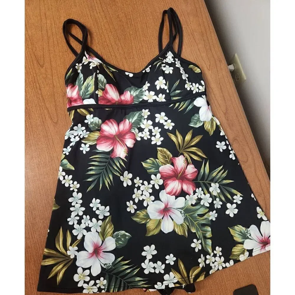 Mainstream Swimsuit Womens Sz 10 One-Piece black with tropical flowers. Built i